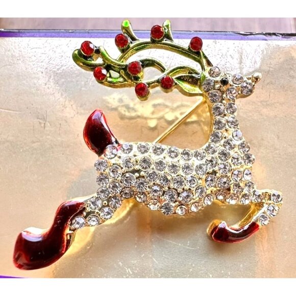 Reindeer Brooch Pin Rudolph Christmas Eve New Crystal Accents Santa Nort… - Picture 3 of 12
